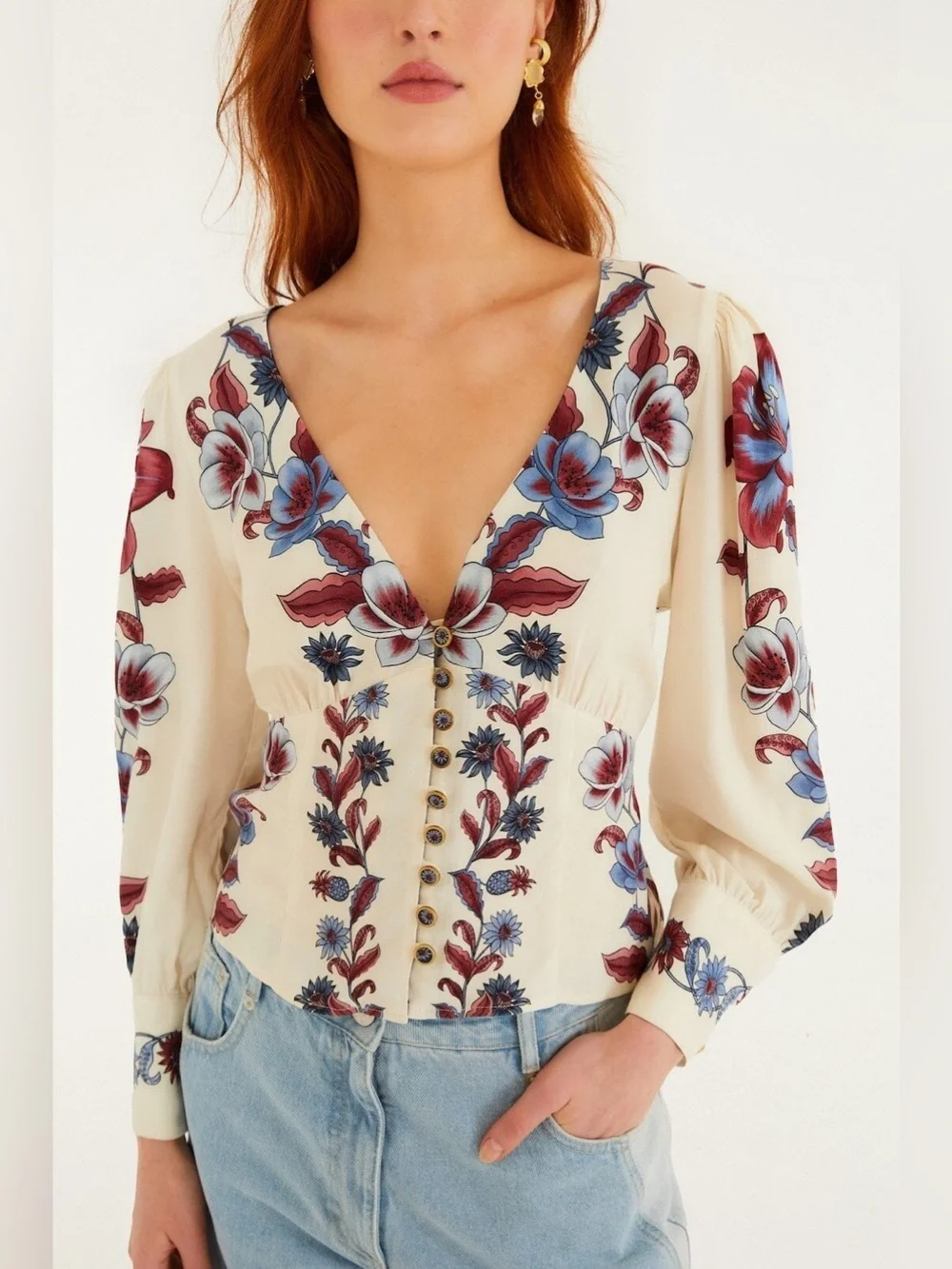 Floral V-Neck Button-Front Blouse - Cream with Blue & Red Bloom